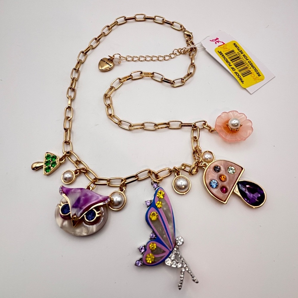 Betsey Johnson Necklace Fairy Owl Mushrooms Charms Rhinestones 18" NWT